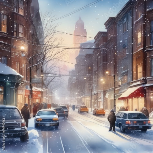 Winter cityscape with bright lights