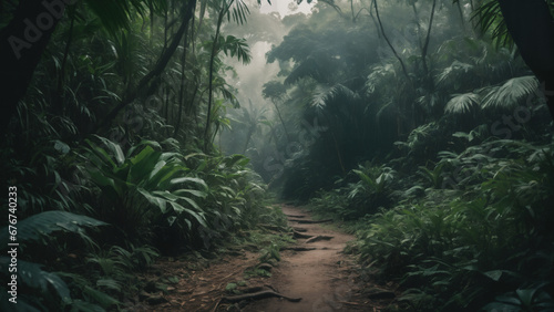 rain forest in the morning , dark foggy forest road ,  © Ozgurluk Design