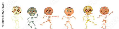 Sugar dancing skulls decorated by design elements and colorful floral ornament. Mexican national holiday Day of the dead. Festive banner templates for Dia de los muertos. Vector illustration