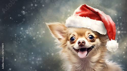 Watercolor painting of happy chihuahua dog wearing Santa hat for christmas festival. photo