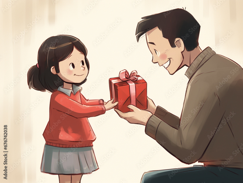 An Illustration Of A Child Giving A Hand-Drawn Card Along With A Gift To Their Parents An Illustration Of A Child Giving A Hand-Drawn Card Along With A Gift To Their Parents