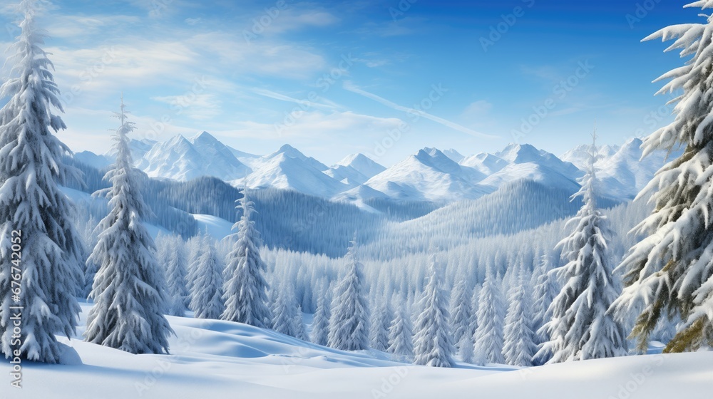 Winter wonderland with frosted spruce trees, intricate ice formations, and a snow-covered mountain range. Clear blue sky with fluffy white clouds adds to the serene beauty