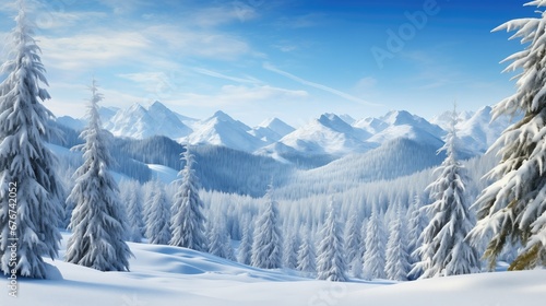 Winter wonderland with frosted spruce trees, intricate ice formations, and a snow-covered mountain range. Clear blue sky with fluffy white clouds adds to the serene beauty © Aidas