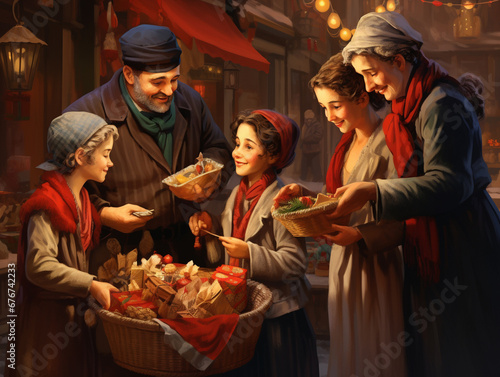 An Illustration Of A Family Dressed In Holiday Attire Giving Food To The Needy