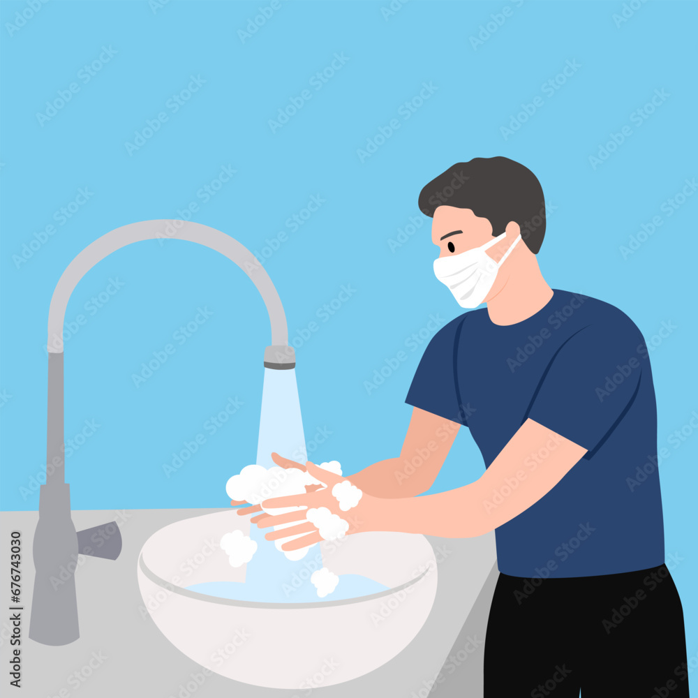 A man wearing medical mask and washing his hands in the sink concept vector illustration. Washing hands under faucet with soap and water. Coronavirus and bacteria prevention healthcare. A man wearing medical mask and washing his hands in the sink concept vector illustration. Washing hands under faucet with soap and water. Coronavirus and bacteria prevention healthcare.