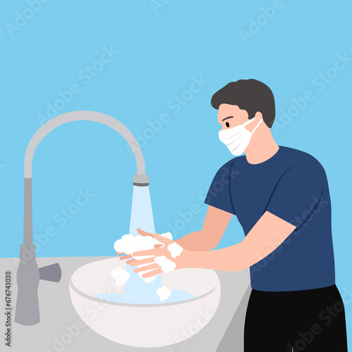 A man wearing medical mask and washing his hands in the sink concept vector illustration. Washing hands under faucet with soap and water. Coronavirus and bacteria prevention healthcare.