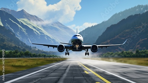 Vibrant commercial airplane taking off on airport runway, engines roaring, leaving a trail of smoke. Sleek body, prominent wings, retractable landing gear. Lush green grass, clear blue sky