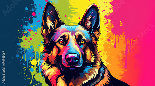 Illustration of german shepherd dog in abstract mixed grunge colorful pop art style.