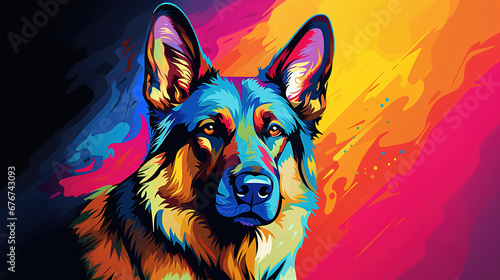 Illustration of german shepherd dog in abstract mixed grunge colorful pop art style.