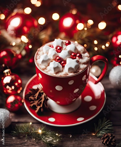 red cup of hot cocoa with christmas decorations and ornaments