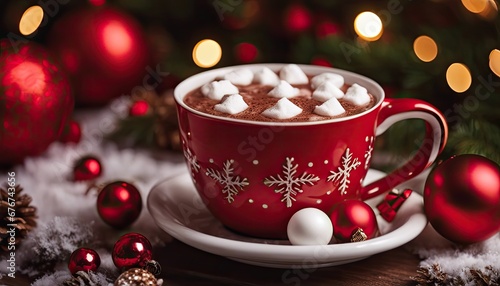red cup of hot cocoa with christmas decorations and ornaments