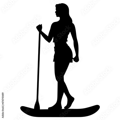 Paddleboarding woman black icon on white background. Paddleboarding woman silhouette