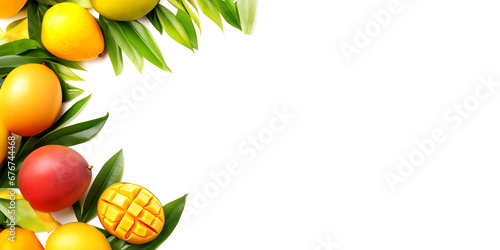 Close up of mango and leaves on white isolated background with top view concept