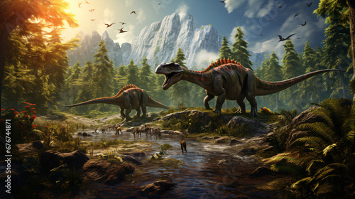 Image of nature and walking dinosaurs