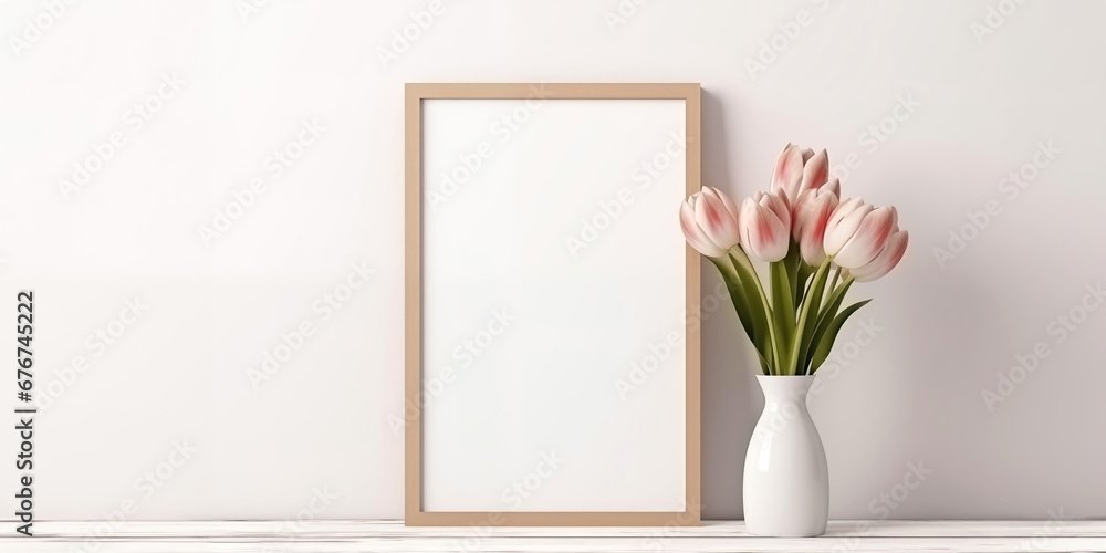 Photo frame and tulip flowers with minimal concept Photo frame and tulip flowers with minimal concept