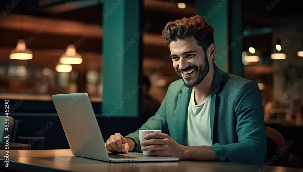 Handsome man engrossed in work at a wooden table in a coffee shop. Laptop screen shows sharp, photorealistic details. Teal and orange tones create a captivating, joyful atmosphere Handsome man engrossed in work at a wooden table in a coffee shop. Laptop screen shows sharp, photorealistic details. Teal and orange tones create a captivating, joyful atmosphere