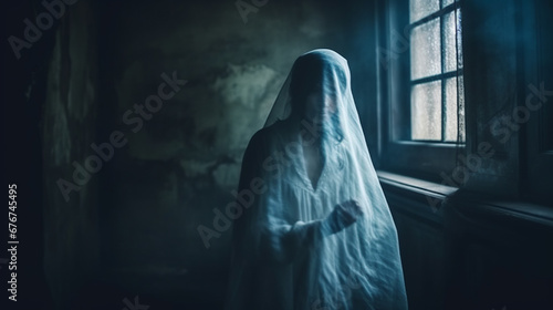 Scary ghost woman in Haunted House, dark room eerie and spooky background