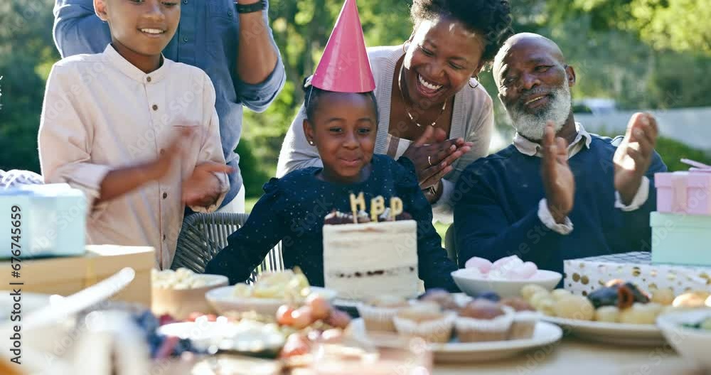 Child, happy birthday and clapping in outdoor celebration, party and cake or candles at park. Black family, happiness and support for daughter, cheers and event or together, garden and food or love Child, happy birthday and clapping in outdoor celebration, party and cake or candles at park. Black family, happiness and support for daughter, cheers and event or together, garden and food or love