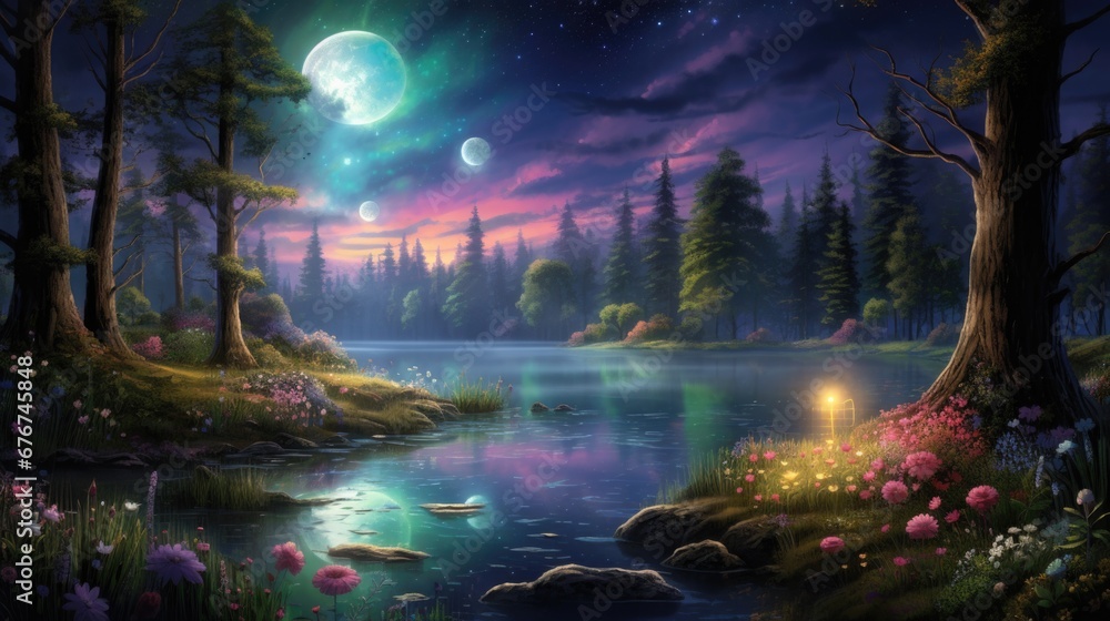 Mystical landscape with large moon, vibrant skies, and reflective waters. Dreamlike nature concept.