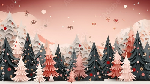 Modern Christmas background in pastel with fir trees in snow