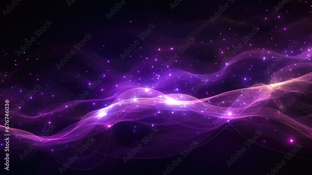 Vibrant purple background with a wave effect and stars. Dreamy, celestial feel. Hyper-realistic digital art with sharpness and clarity. Abstract, surreal, and futuristic, creating a fantasy world