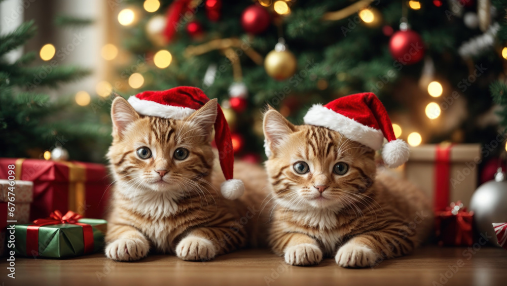 Cute kittens wearing Santa Claus red hat under the Christmas tree. Merry Christmas and Happy New Year decoration around Cute kittens wearing Santa Claus red hat under the Christmas tree. Merry Christmas and Happy New Year decoration around