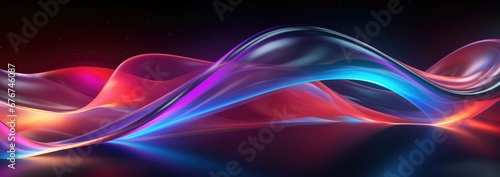 Vibrant abstract background with colorful curves, luminous 3D objects, and light streams on a dark backdrop. Blue sky and yellow hues add visual impact. Electric color scheme with light magenta and d © Aidas