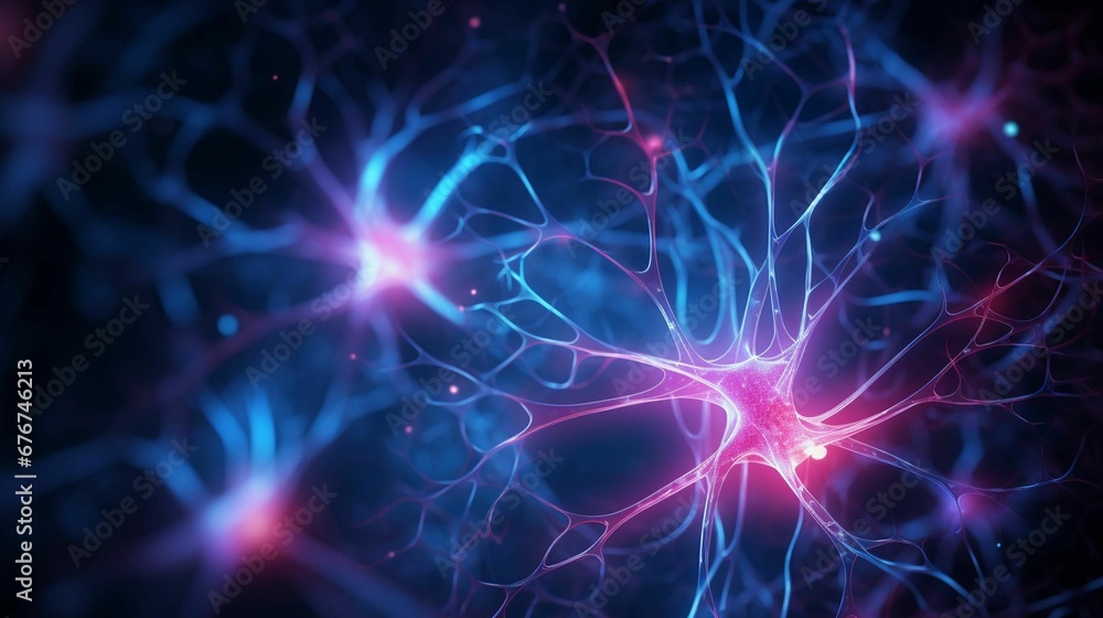 AI illustration of a vibrant visual of neuron cells against a dark background