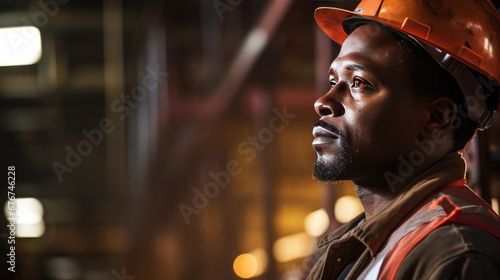 Focused construction worker in an industrial warehouse, bathed in a warm, intense orange glow. Their gaze is fixed in the distance, displaying sharp concentration. photo