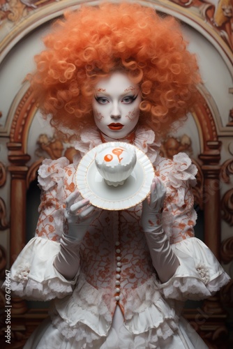 Portrait of a beautiful red-haired mime with a cup in her hands