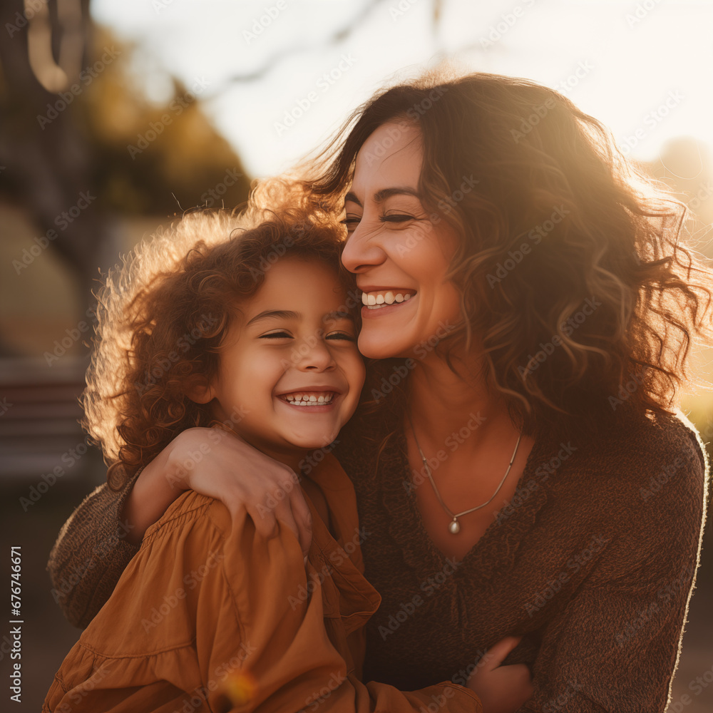 Fototapeta premium Joyful Mother and Child in a Warm Embrace - A smiling mother and her child share a tender hug, radiating happiness and familial love in an outdoor setting.