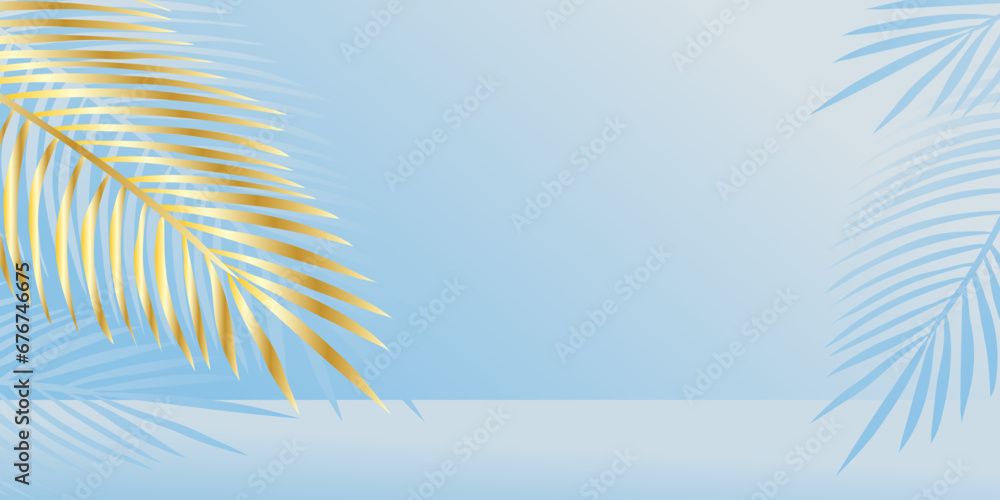 Light blue background with golden palm leaf and leaves shadow for product presentation
