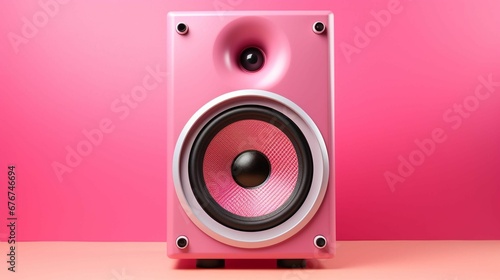 AI illustration of a pink speaker placed atop a wooden table photo