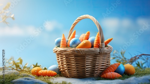 basket with colorful easter eggs and carrot