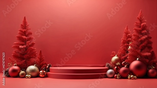 Background products minimal podium scene with Christmas decoration in bright red color in cute style.