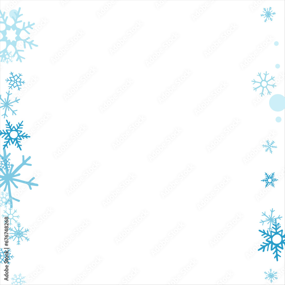 Square winter snow frame with blue snowflakes on a white background. Festive Christmas banner, New Year card. Symbols of frosty winter. Vector illustration. Square winter snow frame with blue snowflakes on a white background. Festive Christmas banner, New Year card. Symbols of frosty winter. Vector illustration.