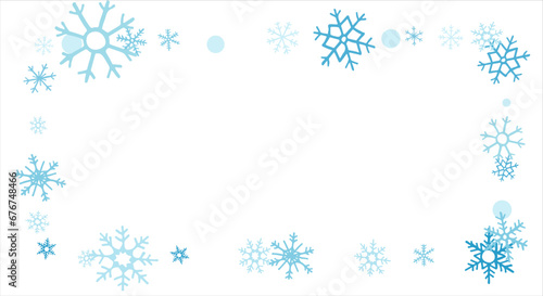 Square winter snow frame with blue snowflakes on a white background. Festive Christmas banner, New Year card. Symbols of frosty winter. Vector illustration.