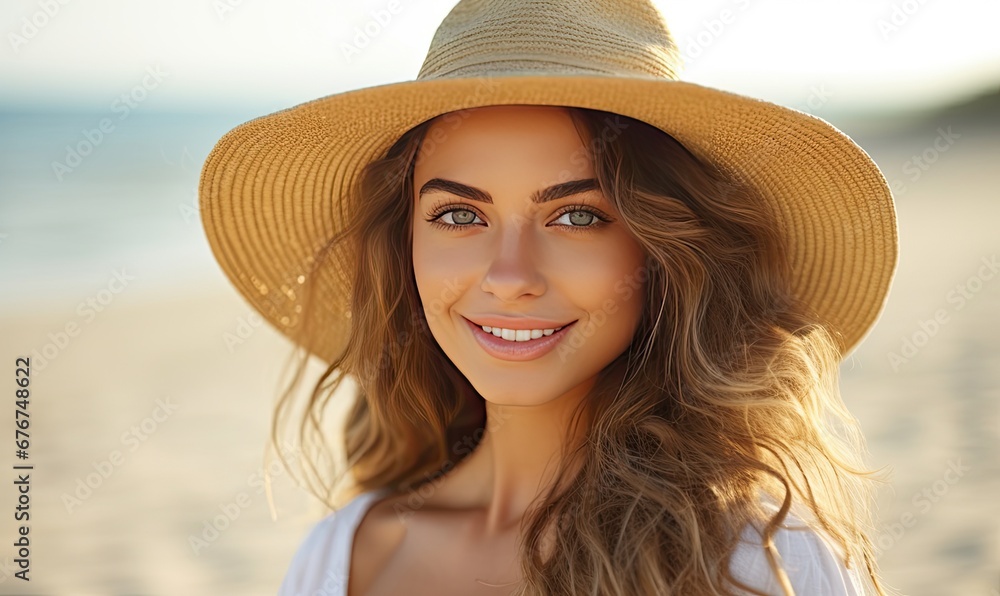 Woman Enjoying a Sunny Day at the Beach with Her Stylish Hat