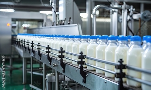 Conveyor Belt with a Row of Milk Bottles in Motion