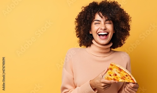Woman Enjoying a Delicious Slice of Pizza and Bursting into Laughter