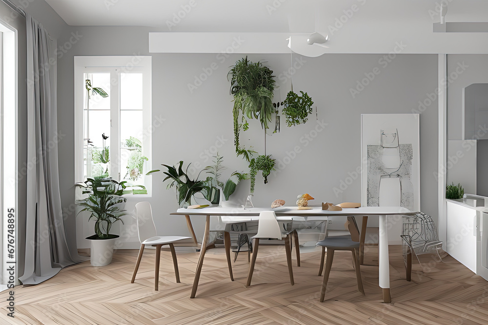 Modern Clean Contemporary Grey White Kitchen, Wooden Dining Table with Big Window and Herringbone Parquet Floor Modern Clean Contemporary Grey White Kitchen, Wooden Dining Table with Big Window and Herringbone Parquet Floor