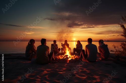Group of people sitting on the beach at sunset over