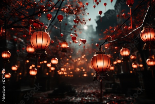 A Rows of red lanterns suspended in the air, creating a visually appealing and celebratory background reminiscent of traditional Chinese New Year decorations.
