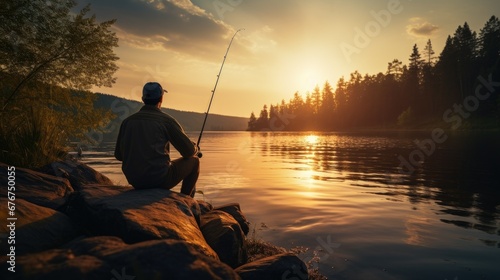 Late 30s man on fishing dock, calm lake at sunset. Golden rays cast warm glow on him wearing hat & vest, holding rod. Serene beauty in sharp-focus, stock image of peaceful ambiance.
