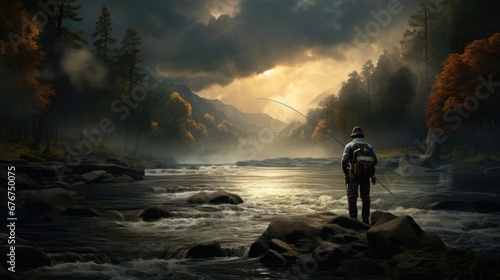 Silhouette of angler casting fishing rod into intense river flow at sunset. Weathered gear, rocks, and wispy clouds add drama to the romantic, ethereal landscape. Warm hues create a golden glow photo