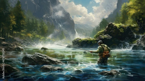 A serene river scene with an angler amidst moss-covered rocks. The rushing current, snow-capped mountains, and vibrant autumn foliage create a picturesque landscape