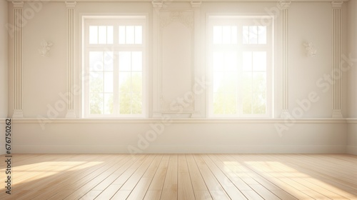 Bright room with white walls, wooden floors, and sunlit beams streaming through windows. Clean, modern, and spacious atmosphere