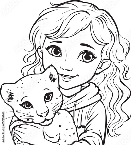 Cute Girl With A Cat coloring book page design.  Line art cat & girl coloring sheet design.