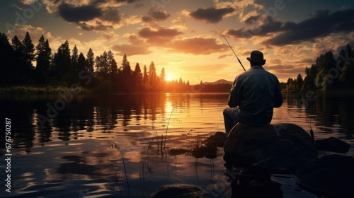 Man in fishing waders stands waist-deep in picturesque lake at sunset. Crystal clear water, vibrant colors, and sharp focus highlight serene beauty. Patiently waiting, connected with nature, he enjoy