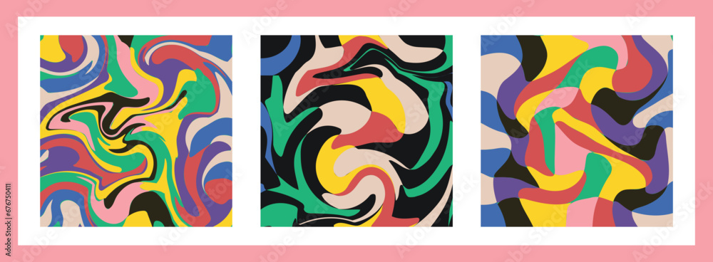 Set of Liquid Psychedelic Designs. Blue Yellow White Purple Pink groovy illusion background illustration Set of Liquid Psychedelic Designs. Blue Yellow White Purple Pink groovy illusion background illustration